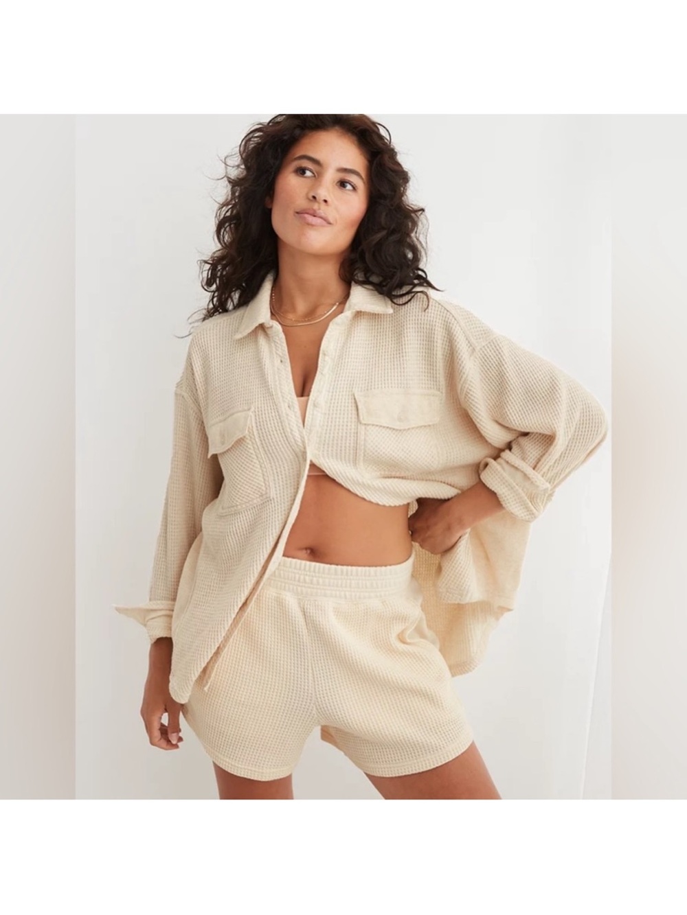 Aerie/American Eagle Cream Waffle Lumberjane Longsleeve Button Up Top/Sweater